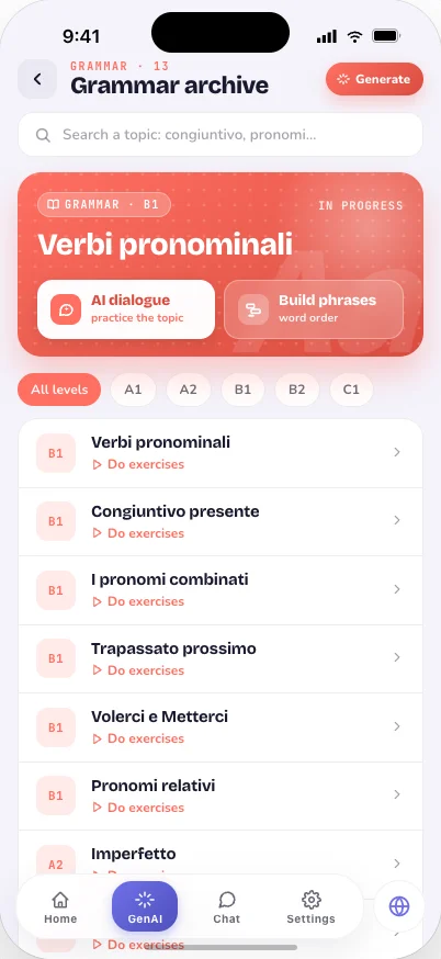 Pantalla de gramática de NewLexi