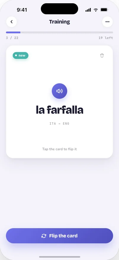 Pantalla de práctica de palabras de NewLexi