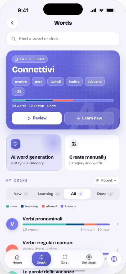 Pantalla del vocabulario de NewLexi